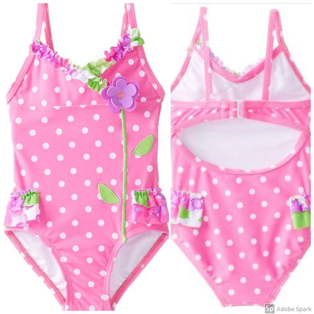 Hartstrings Girls 2T Pink One Piece Swimsuit Polka Dot Ruffle Flower NWT